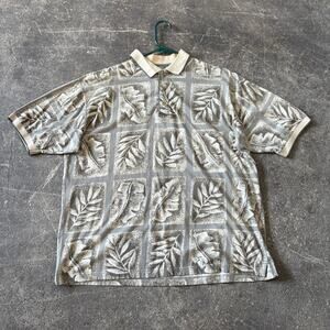 Vintage Bamboo Cay Hawaiian Polo Shirt Mens L Tan Brown Tropical Short Sleeve
